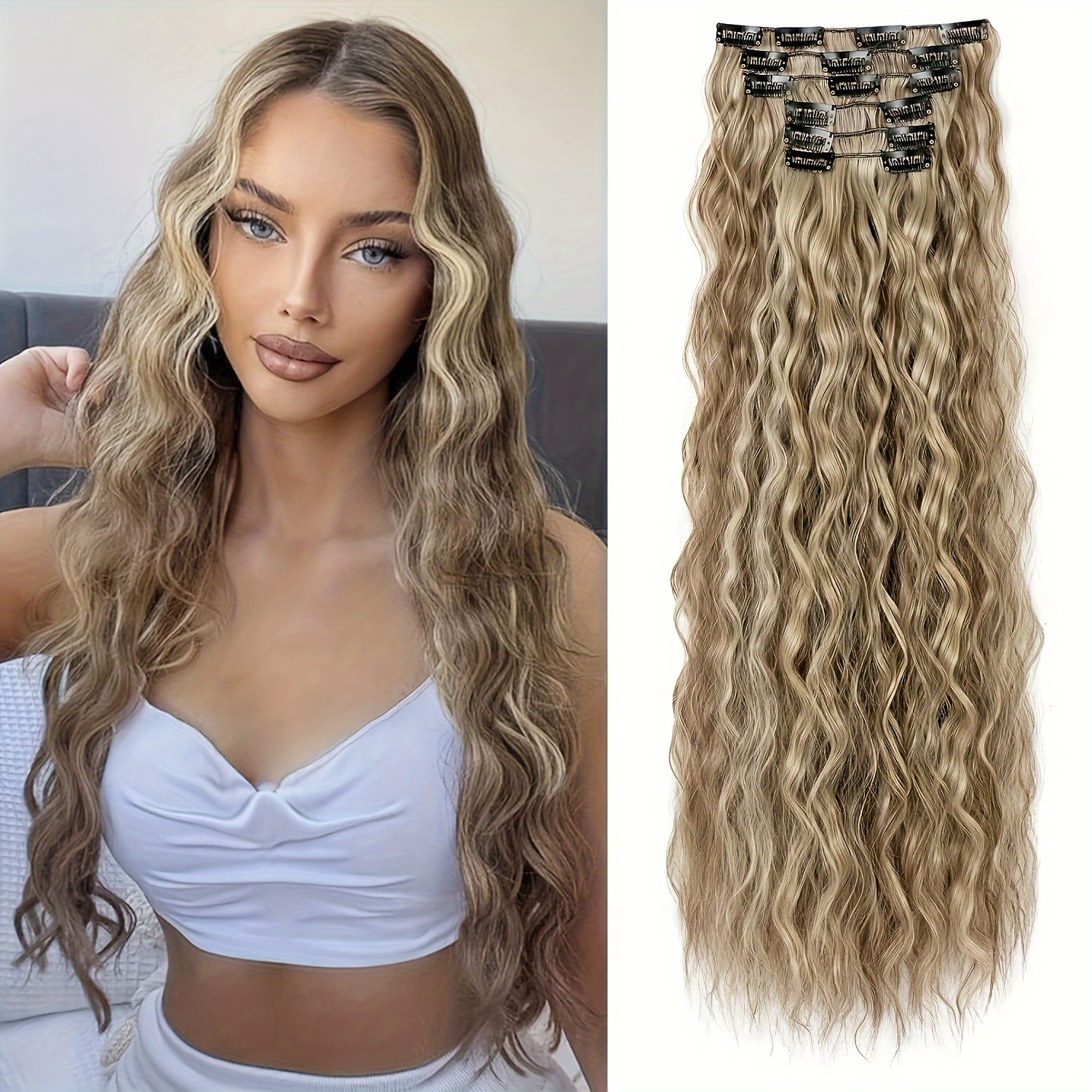 6pcs NAYOO Long Curly Wavy Clip-In Hair Extensions for Women - High-Temperature Synthetic Cool Brown with Blonde Highlights, Secure Clip attachment, Natural Look for Daily Use & Special Occasions, Adds Volume & Dimension, Easy to Style with Curling Irons/Flat Irons, Versatile Hairpiece, Wavy Texture, Seamless Blend, Fashion Enthusiasts - Image 3