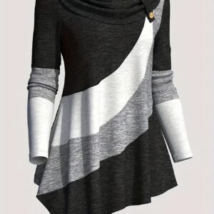 [Casual T-Shirt] Casual Color Block Patchwork Print Button Decor Long Sleeve Asymmetrical T-Shirt | Women's Clothing For Spring & Fall