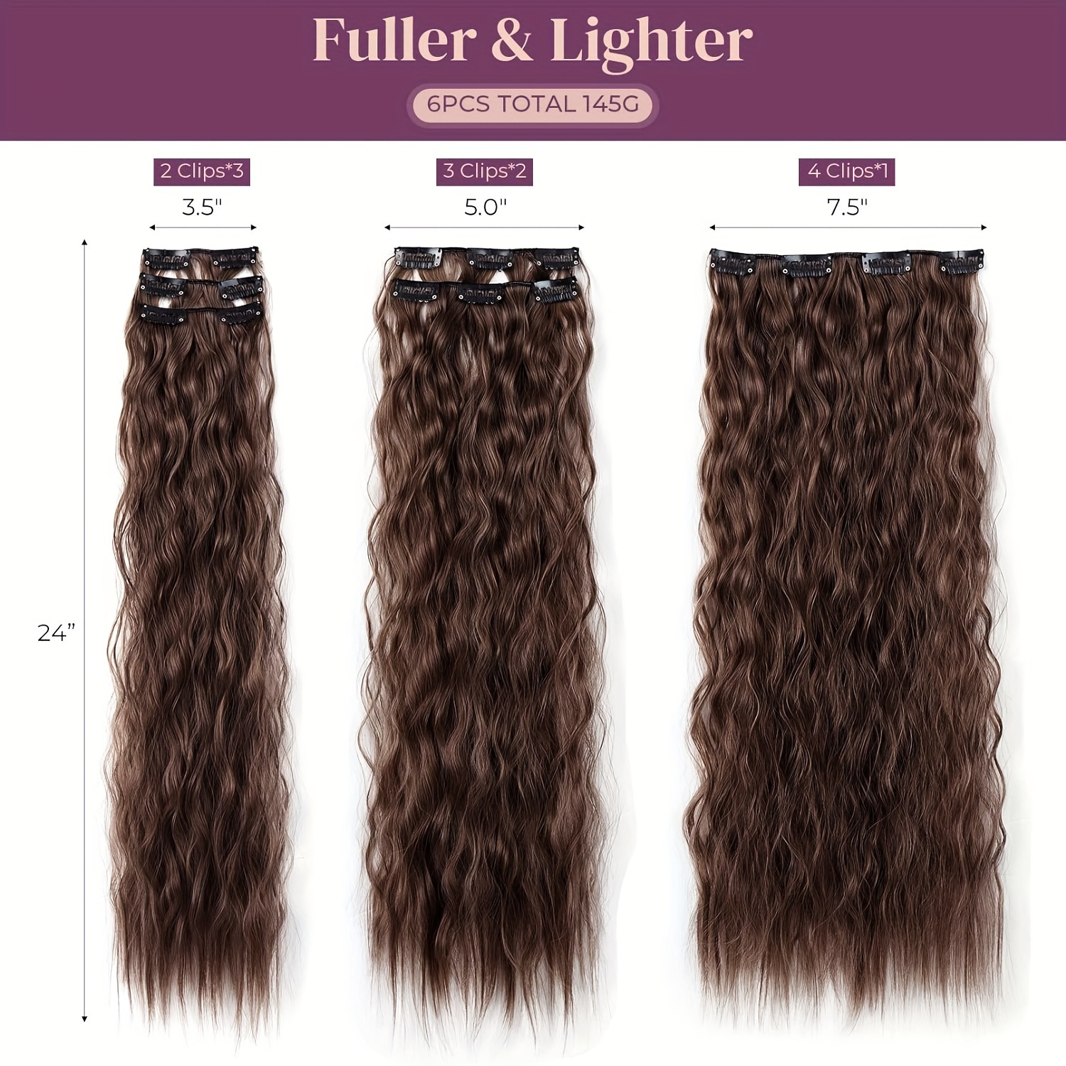 6pcs NAYOO Long Curly Wavy Clip-In Hair Extensions for Women - High-Temperature Synthetic Cool Brown with Blonde Highlights, Secure Clip attachment, Natural Look for Daily Use & Special Occasions, Adds Volume & Dimension, Easy to Style with Curling Irons/Flat Irons, Versatile Hairpiece, Wavy Texture, Seamless Blend, Fashion Enthusiasts - Image 4