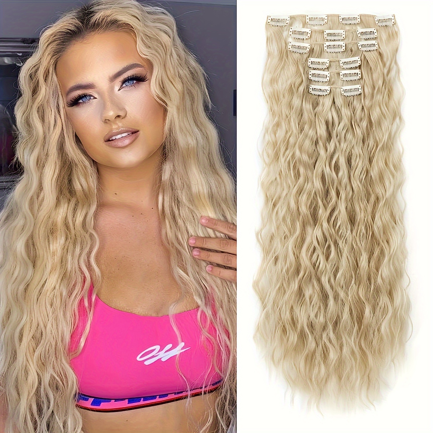 6pcs NAYOO Long Curly Wavy Clip-In Hair Extensions for Women - High-Temperature Synthetic Cool Brown with Blonde Highlights, Secure Clip attachment, Natural Look for Daily Use & Special Occasions, Adds Volume & Dimension, Easy to Style with Curling Irons/Flat Irons, Versatile Hairpiece, Wavy Texture, Seamless Blend, Fashion Enthusiasts - Image 2