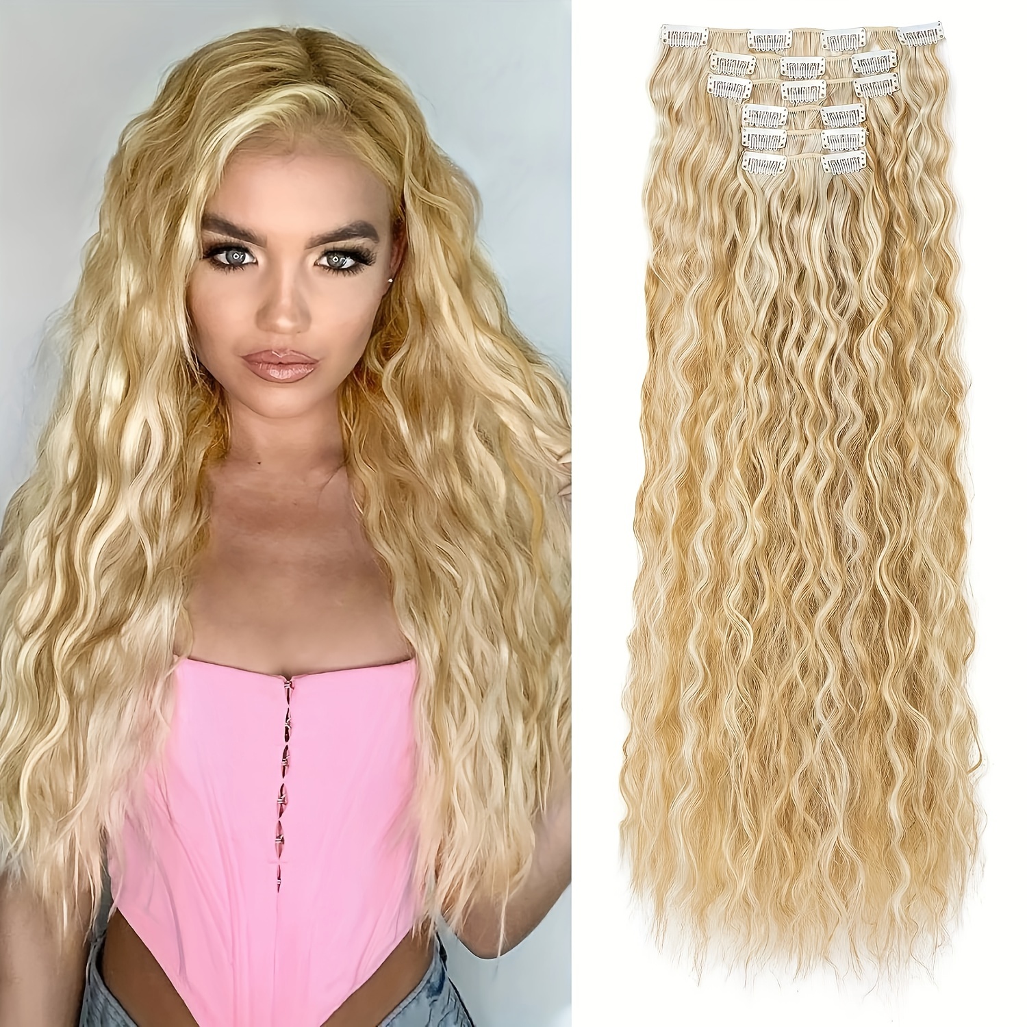 6pcs NAYOO Long Curly Wavy Clip-In Hair Extensions for Women - High-Temperature Synthetic Cool Brown with Blonde Highlights, Secure Clip attachment, Natural Look for Daily Use & Special Occasions, Adds Volume & Dimension, Easy to Style with Curling Irons/Flat Irons, Versatile Hairpiece, Wavy Texture, Seamless Blend, Fashion Enthusiasts - Image 9
