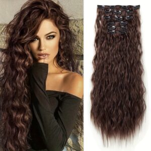 6pcs NAYOO Long Curly Wavy Clip-In Hair Extensions for Women - High-Temperature Synthetic Cool Brown with Blonde Highlights, Secure Clip attachment, Natural Look for Daily Use & Special Occasions, Adds Volume & Dimension, Easy to Style with Curling Irons/Flat Irons, Versatile Hairpiece, Wavy Texture, Seamless Blend, Fashion Enthusiasts