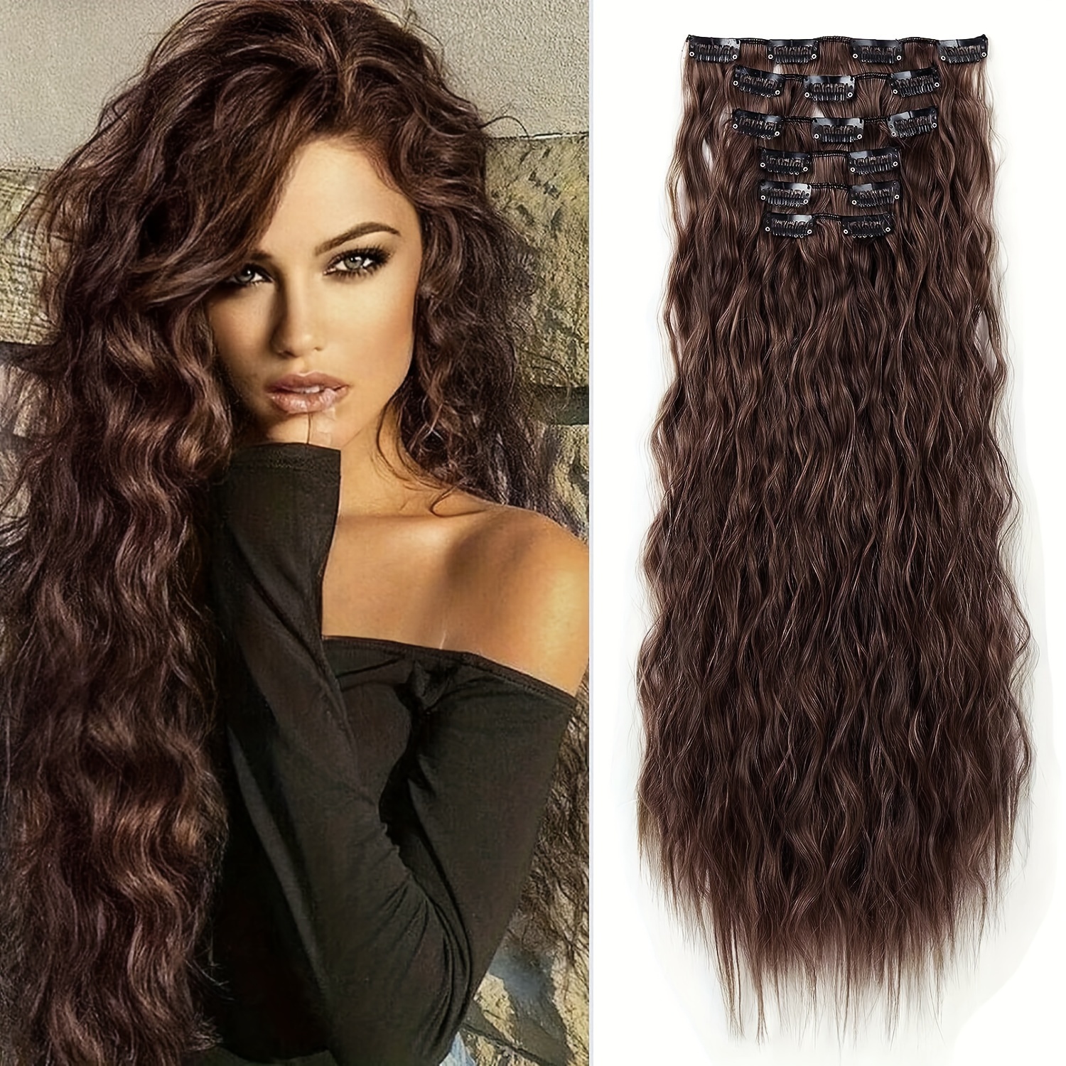 6pcs NAYOO Long Curly Wavy Clip-In Hair Extensions for Women - High-Temperature Synthetic Cool Brown with Blonde Highlights, Secure Clip attachment, Natural Look for Daily Use & Special Occasions, Adds Volume & Dimension, Easy to Style with Curling Irons/Flat Irons, Versatile Hairpiece, Wavy Texture, Seamless Blend, Fashion Enthusiasts