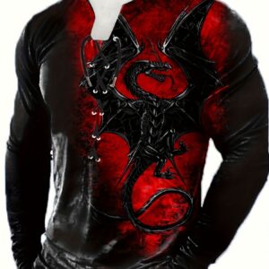 Men's 3D Dragon Print Henley Shirt - Casual Long Sleeve, Stretch Fabric, Machine Washable - Perfect for Spring & Fall