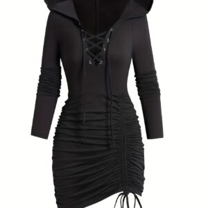 A Long Hooded Dress with Ties, Featuring Long Sleeves And a V-Neck.