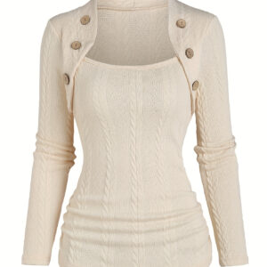 Zhaocai Yanxuan European And American Fashion Spring New Women'S Casual Faux Button Y2K Cable Long Sleeve Top