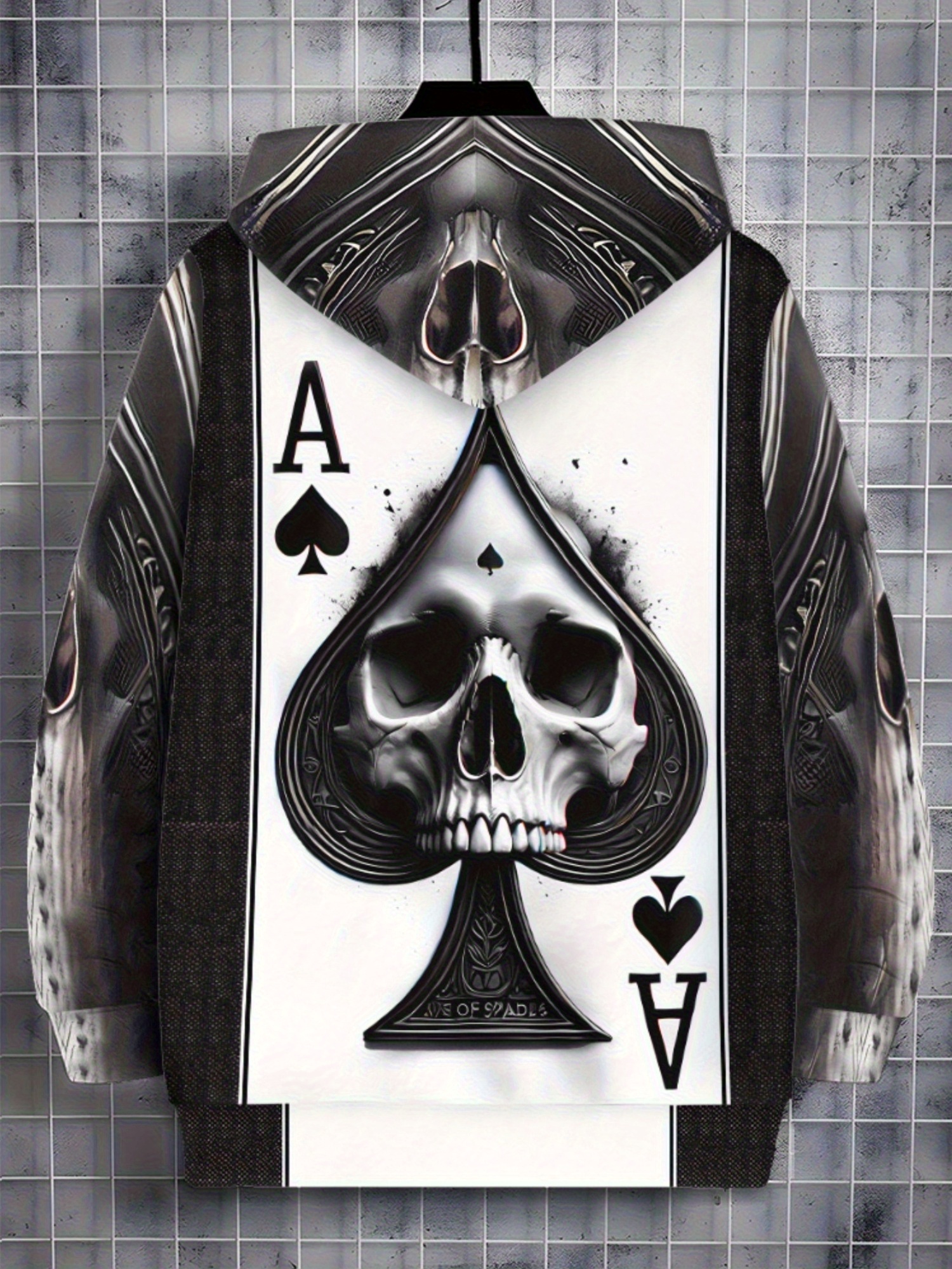 Men'S Ace of Spades Skull Graphic Hoodie - Black & White Print, Soft Polyester Zip-Up Pullover for Casual Wear, Outdoor Activities, and Daily Use, Hoodie for Winter, Autumn Fashion, Durable Fabric - Image 3