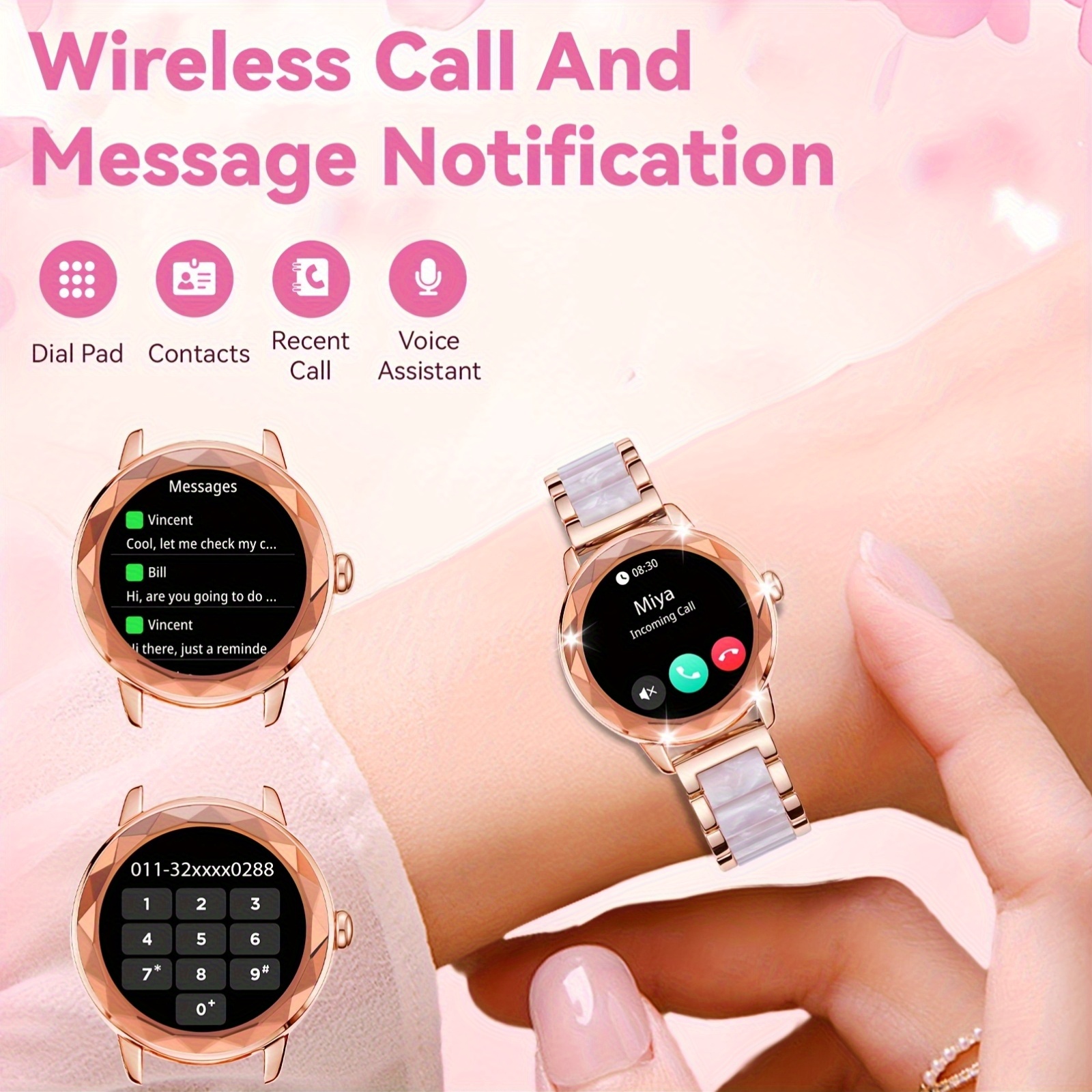 HOMAILIDA Women'S Elegant Smart Watch with Floral Design, Wireless Calls, Messages, Camera Control, Pedometer, Alarm Clock - Rose Golden & White Strap, Magnetic Charging, Perfect Gift for Family & Friends, Smart Watch for Android Phones, Fitness Tracking, Classic Watch Design, Durable Watchband - Image 2