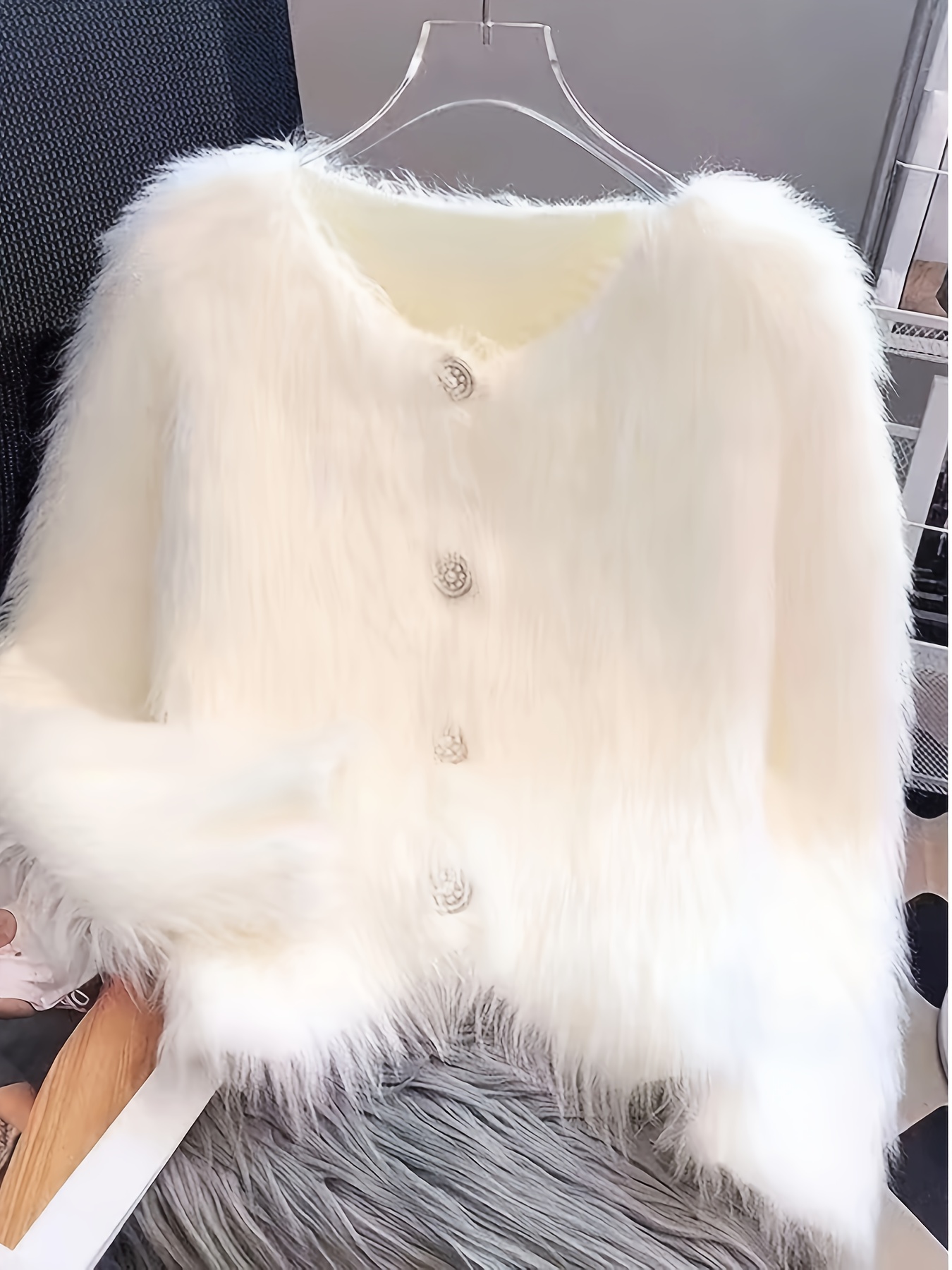 Women's Soft Fleece Jacket - Thick Winter Coat with Fox Fur-Like Collar (No Real Fur), Elegant Pink Button-Front Cardigan, Long Sleeve Round Neck Sweater for Fall/Winter, Casual to Formal Wear (Hand Wash/Dry Clean) - Faux Fur Outerwear - Image 3