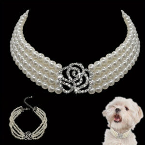 Fashionable Pet Collar, Artificial Pearls and Rhinestone Rose Diamante Dog Necklace, for Puppies and Cats, Plastic Material, Pet Accessories, 1pc