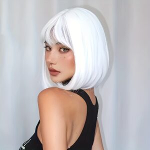 A White Short Wave Bob Wig Made of Heat-Resistant Synthetic Fibers, This Elegant And Stylish Women'S Wig Features a Look, Perfect for Halloween, Christmas, Carnivals, Parties, Cosplay, And Music Festivals. It'S an Easy-To-Manage Short Hairstyle