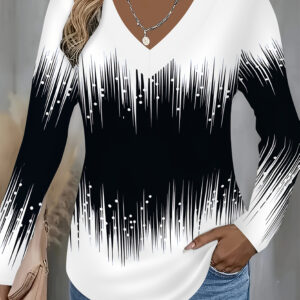 Women'S Elegant Ombre V-Neck Long Sleeve T-Shirt - Black to White Gradient Print, Soft Smooth Texture Casual Top, All-Season Comfortable Shirt with Full-Body Print, Versatile Everyday & Semi-Formal Wear, Durable Smooth Fabric for Women'S Fashion