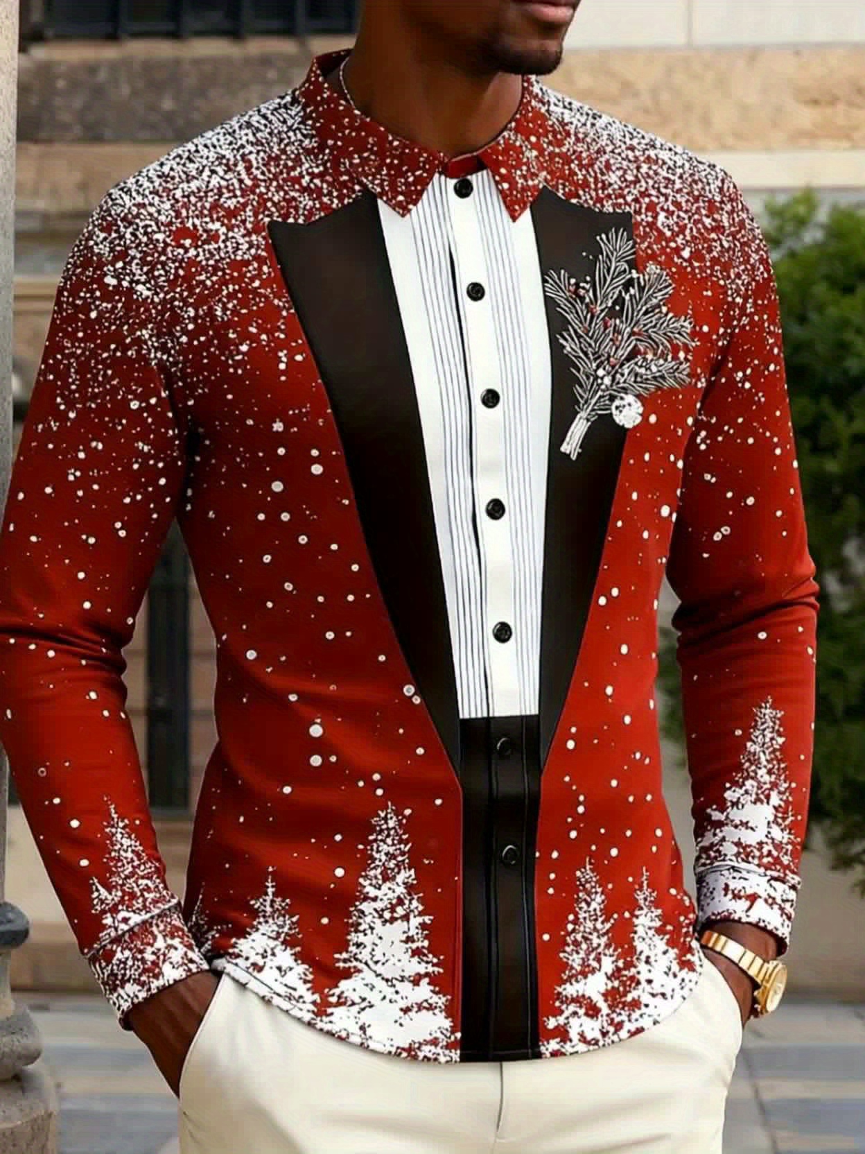 Men'S Stylish Long-Sleeve Shirt with a Collar, Decorated with a Black Bow Tie And a Vest Featuring Print Elements of White Snowflakes And Pine Trees, Embodying a Christmas Theme, Perfect for Festive Occasions, Casual Wear, Parties - Image 6