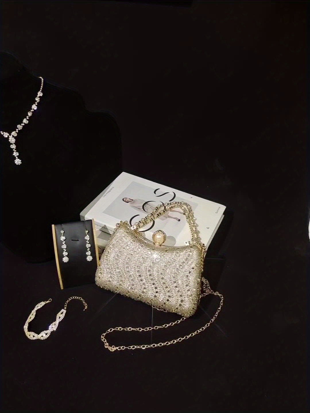 5pcs Women's Elegant Rhinestone-Embellished Evening Handbag & Crossbody - Convertible Shoulder/Dance Party Wedding Accessory with Necklace, Earrings, Bracelet & Ring Gift Set (Golden) Suitable for Prom, Gala, Dinner Parties - Image 9