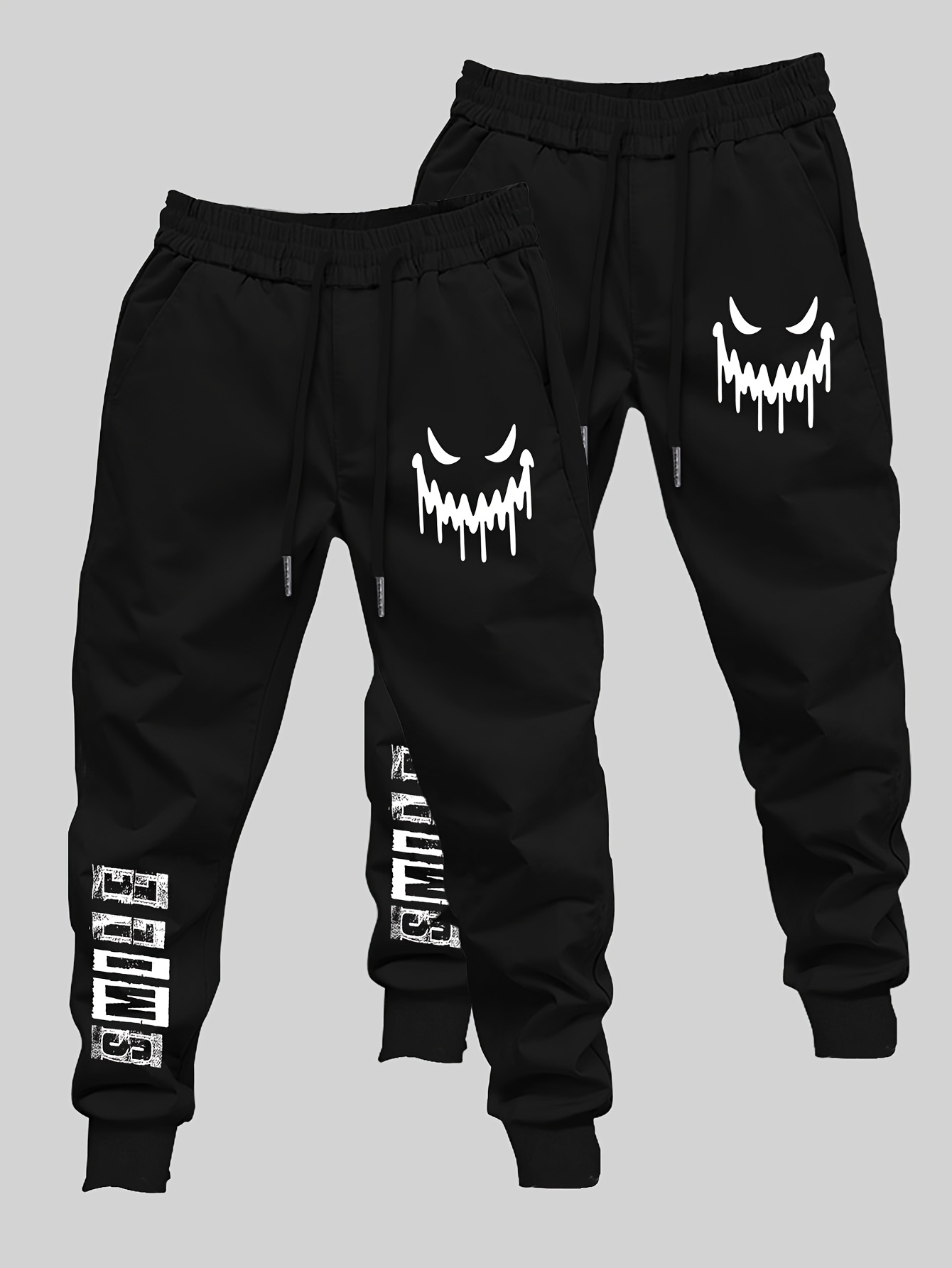 2pcs Men's joyful Face Doodle Lettering Print Pants - Elastic Cool-Fit Casual Gym Wear, Pockets Suitable for Autumn/Winter, Machine-Washable Long Pants (2pcs Bundle) - Image 2