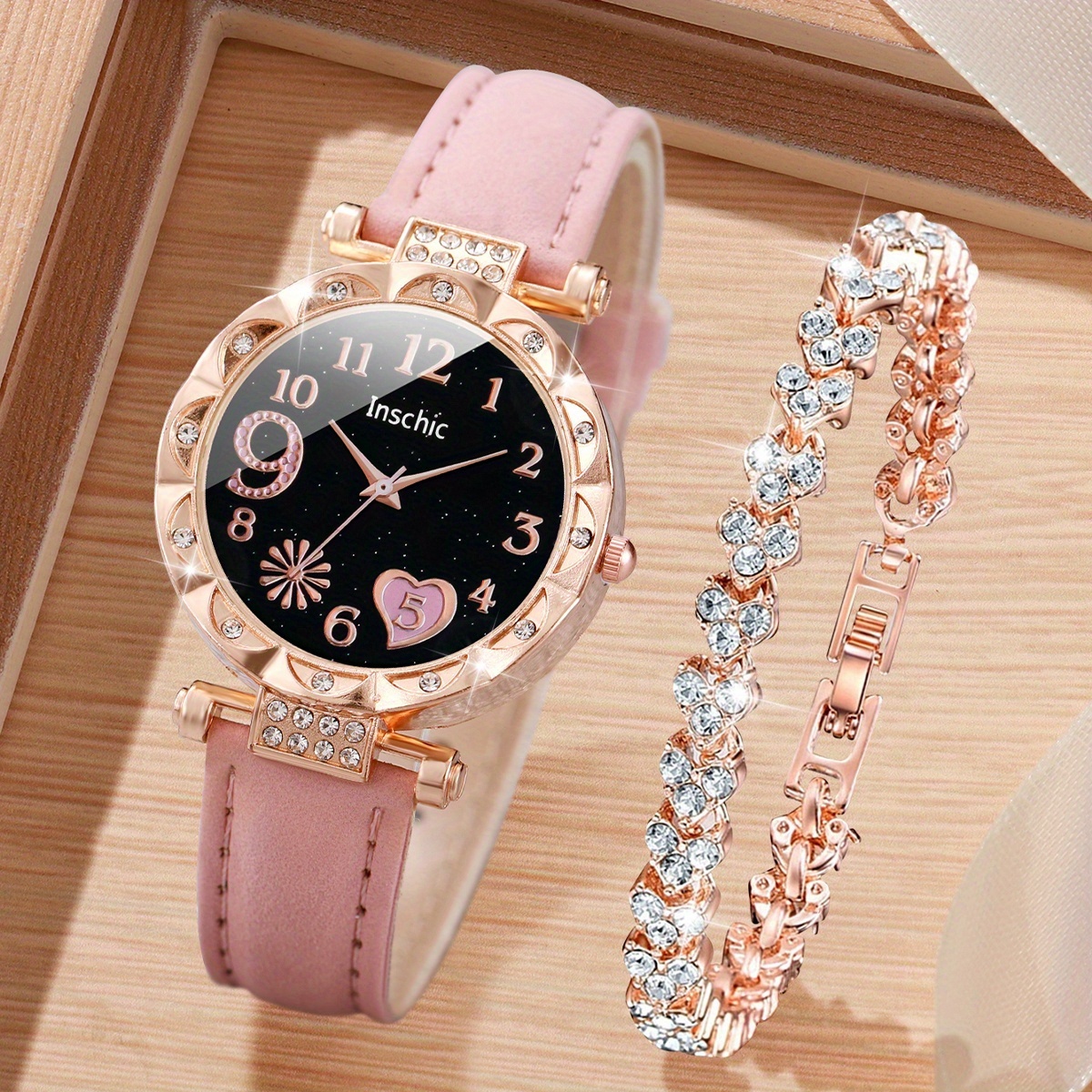 2pcs Women' Rhinestone Accent & Heart Bracelet - Sparkling PU Leather Strap Quartz Wristwatch Suitable for Parties Weddings Daily Wear - Elegant Wrist Accessory Gift for Women - Image 3