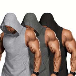 EXARUS 3pcs Set of Men'S Summer Sleeveless Hooded Vests, Moisture-Wicking And Sweat-Absorbing, Suitable for Sports And Fitness, with Pockets.