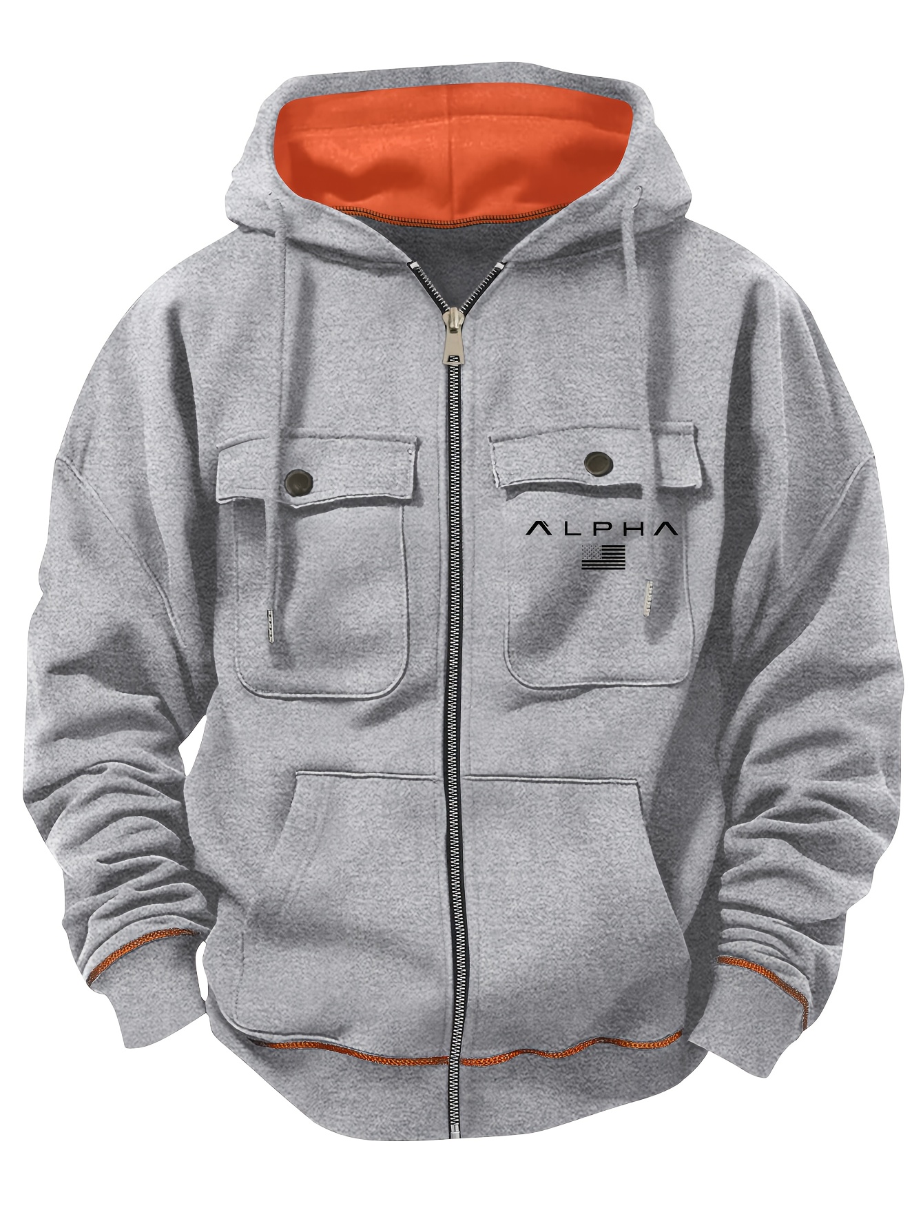 Men'S Heavy-Duty Thermal Jacket - Full-Zip Hooded Winter Coat with Zippered Pockets, Black/Orange Accents - Cold Weather Outerwear for Gym, Hiking, Commuting - Regular Fit Casual Outerwear, Winter Jacket, Hiking Apparel, Sporty Design, Durable Fabric, Active Lifestyle, Gym Wear, Functional Design, Highquality Construction, Outdoor Enthusiasts - Image 3