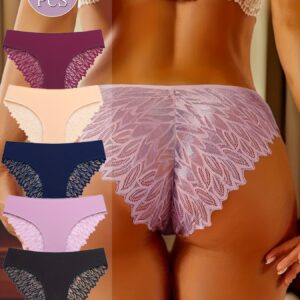 Women's Sexy Lace Trim Underwear, Soft Stretchy Smooth Texture Fabric with Contrast Lace Detailing, Comfortable & Breathable, Elegant Underwear for Casual Attire, Lingerie Essentials, 5pcs Solid Color