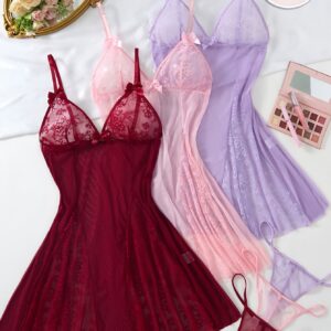 1 Random Set Women'S Wine Red Heart-Shaped Lace Mesh Sexy Slip Dress | Solid Color, Half-Sheer, Comfortable Strap, Deep V-Back with Butterfly Embellishment, Thong Panty