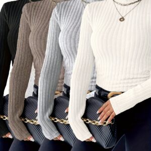 [4pcs Set for Women] A Stylish And 4pcs Set for Women in Autumn And Winter, Featuring a Comfortable High-Neck Ribbed T-Shirt. It Is Form-Fitting And Flattering, Available in Solid Colors, Suitable for Wearing Alone Or As a Base Layer, Perfect for Everyday Commuti