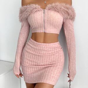 New Autumn-Winter • Gyaru & Cute Date Essential • Commuter Outfit & Party Wear • Solid Color Minimalist Texture • Off the Shoulder Design • Bodycon Long Sleeve Crop Top & Skirt • Women's Clothing Two-Piece Set