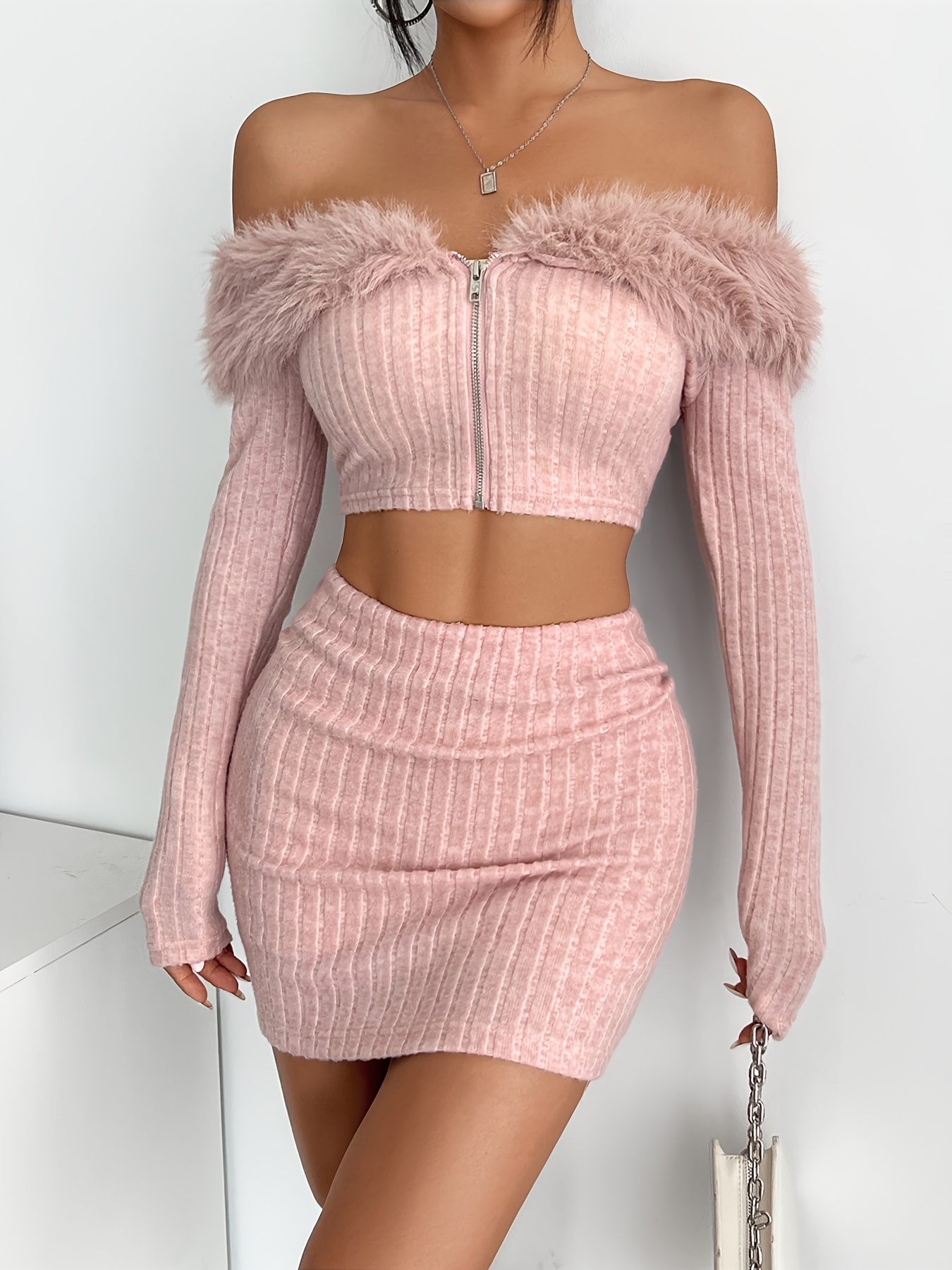 New Autumn-Winter • Gyaru & Cute Date Essential • Commuter Outfit & Party Wear • Solid Color Minimalist Texture • Off the Shoulder Design • Bodycon Long Sleeve Crop Top & Skirt • Women's Clothing Two-Piece Set
