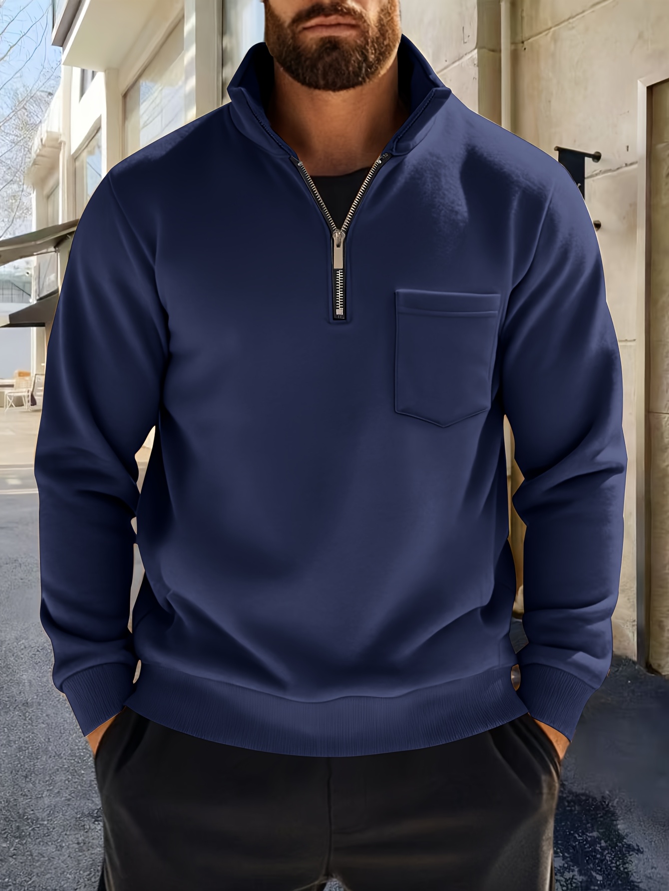 Men'S Thickened Long-Sleeve Shirt - Half-Zip, Versatile Long-Sleeve Polo Shirt, Casual And Adaptable, Featuring a Chest Pocket, Suitable for Autumn/Winter. - Image 5