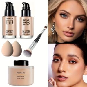 2pcs BB Cream And Setting Powder Set with Makeup Accessories Winter Moisturizing Concealer Translucent Oil-Free Matte Setting Powder Long-Lasting Makeup Women's Cosmetics Set Halloween, Christmas Holiday Gift