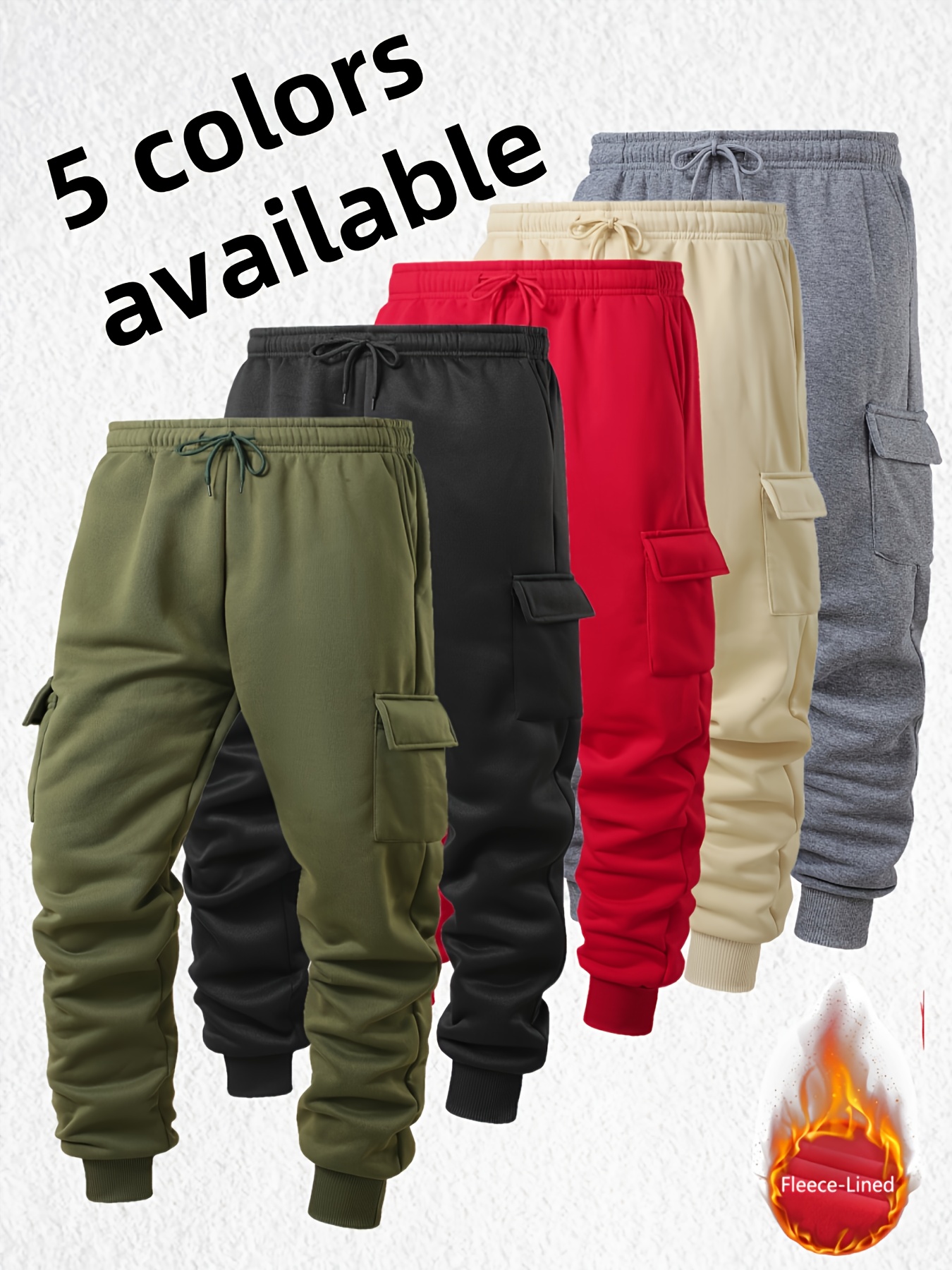 1pc Men's Heavy-Duty Winter Cargo Pants - Thermal Pants with Multi-Pocket Design, Olive Green/Black/Red/Beige/ Grey, High-Stretch Fabric for Outdoor, & Casual Wear (Machine Washable) - Ideal Gift for Men - Image 9