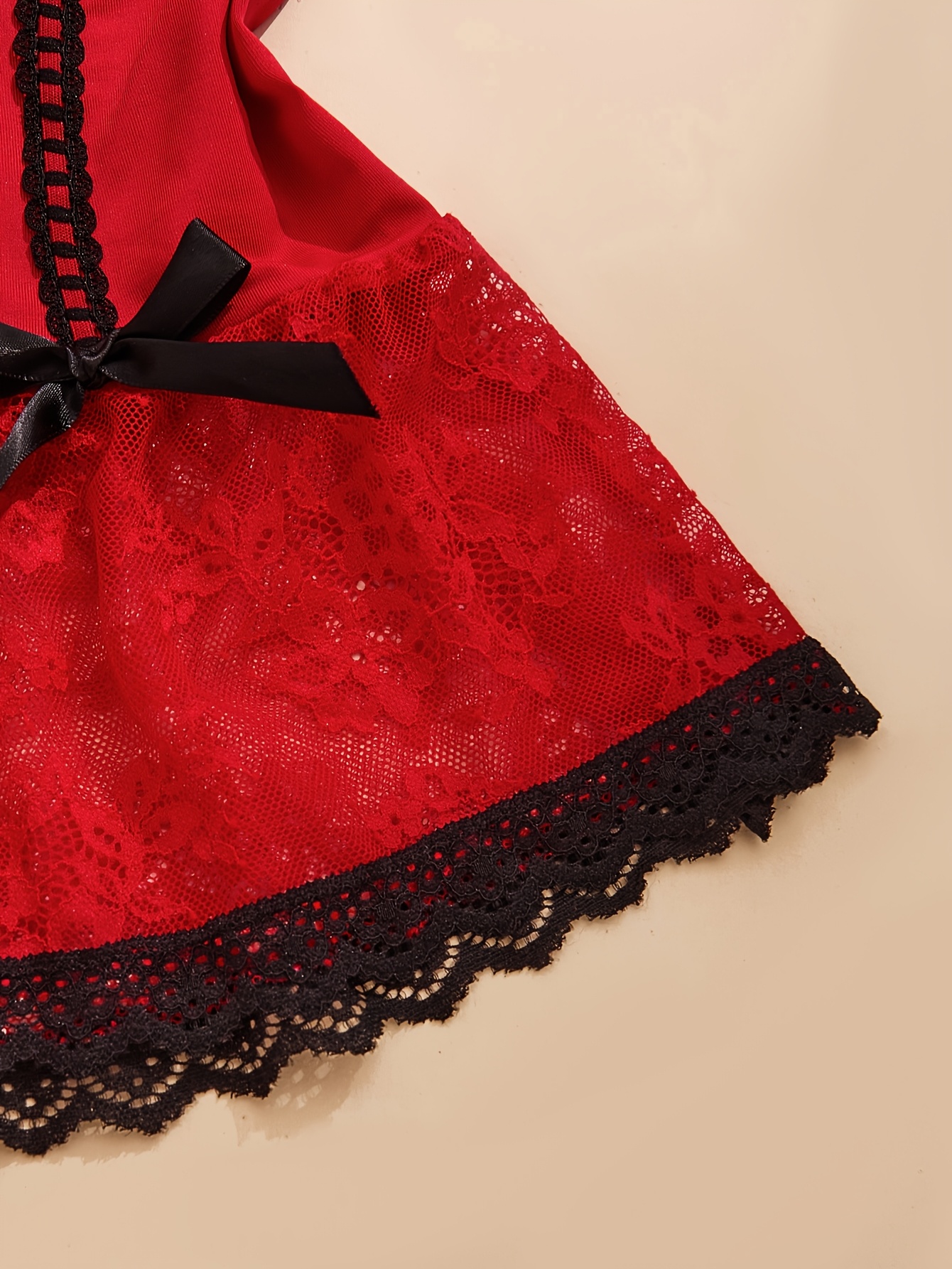 A Sweet, Cute, And Sexy Red And Black Short Nightgown Featuring Romantic Lace Trim And Tempting Bow Decorations. Purchase Includes a Matching Thong. The Deep V Design And Lace Transparency Make It Suitable for Parties, Dinners, Nightclubs - Image 4
