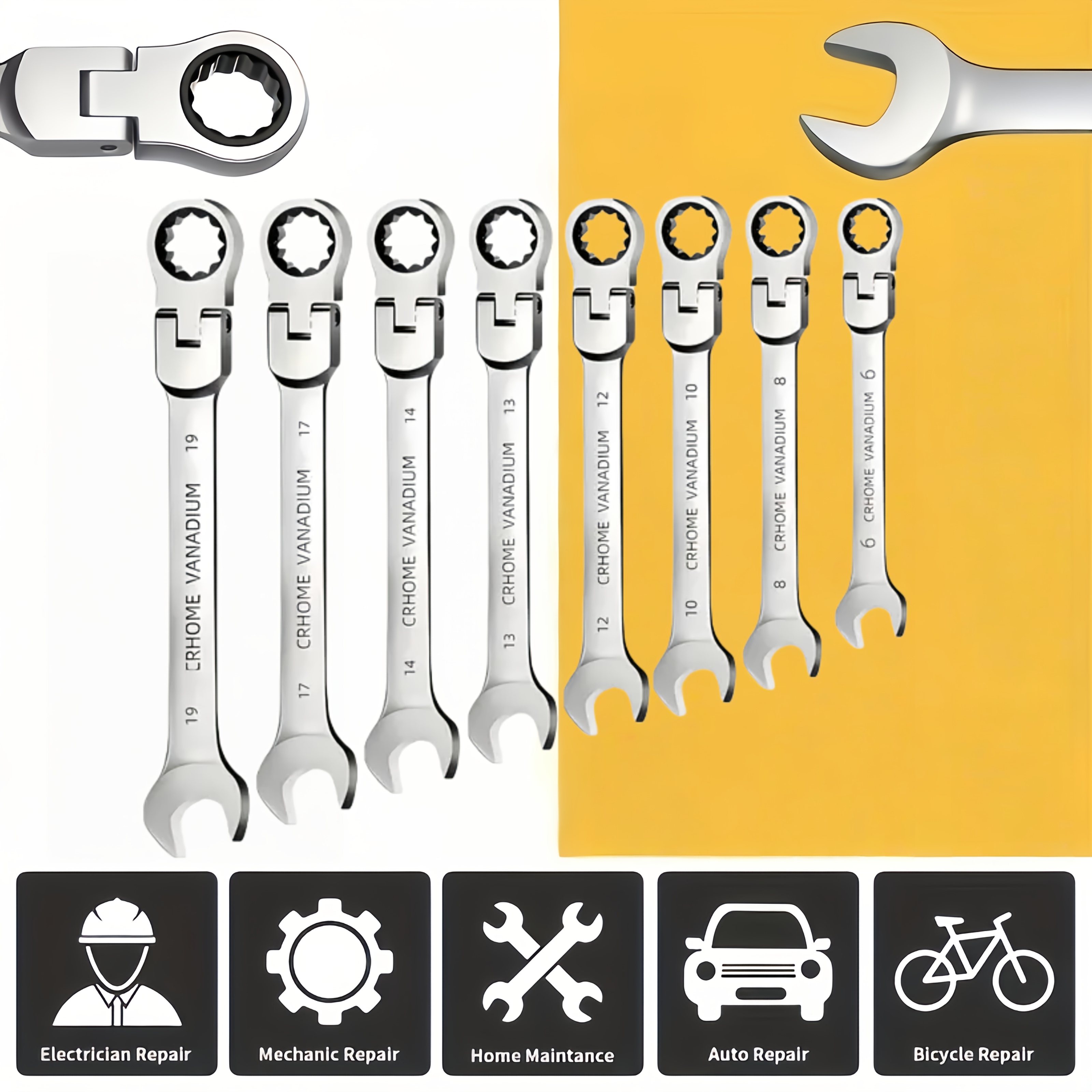 8pcs Multi-function Ratchet Wrench Set, Adjustable Ratchet Wrench Set, Metric, 6-19 Mm, 72 Teeth, Cr-V Steel Ratchet Wrench Set, With Storage Bag, Suitable For Home/automotive/mechanics, Etc., Perfect For Daily Use And A Great Gift. - Image 2