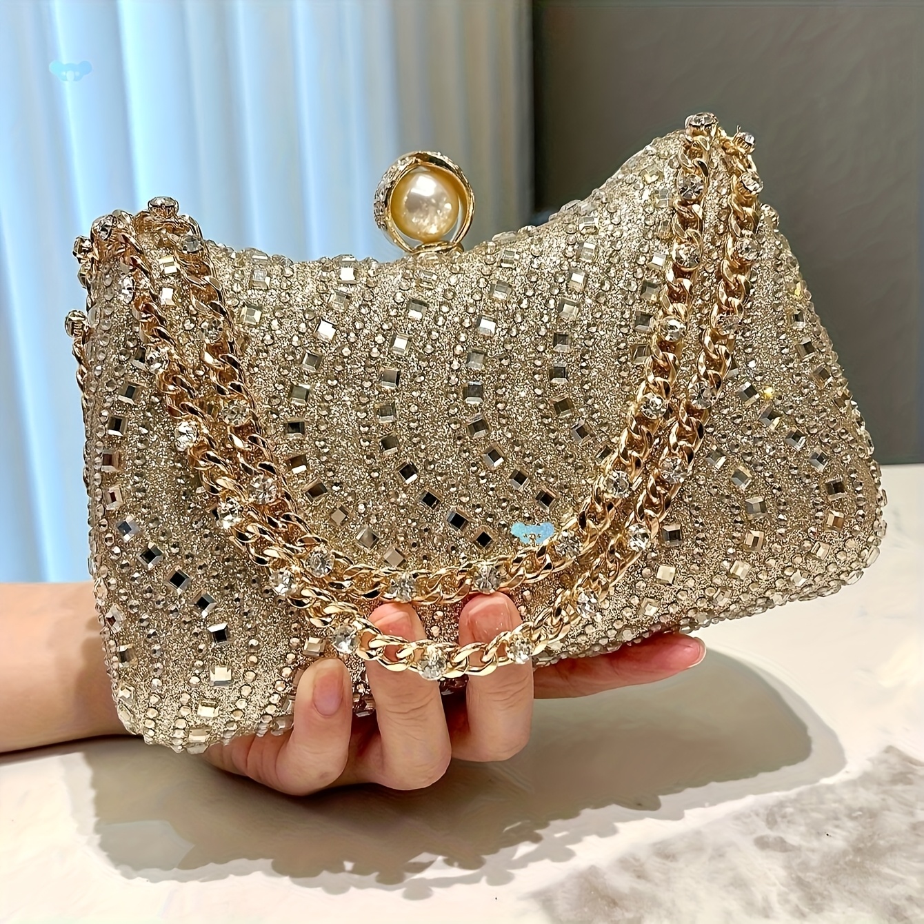 5pcs Women's Elegant Rhinestone-Embellished Evening Handbag & Crossbody - Convertible Shoulder/Dance Party Wedding Accessory with Necklace, Earrings, Bracelet & Ring Gift Set (Golden) Suitable for Prom, Gala, Dinner Parties