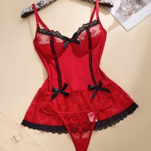 A Sweet, Cute, And Sexy Red And Black Short Nightgown Featuring Romantic Lace Trim And Tempting Bow Decorations. Purchase Includes a Matching Thong. The Deep V Design And Lace Transparency Make It Suitable for Parties, Dinners, Nightclubs