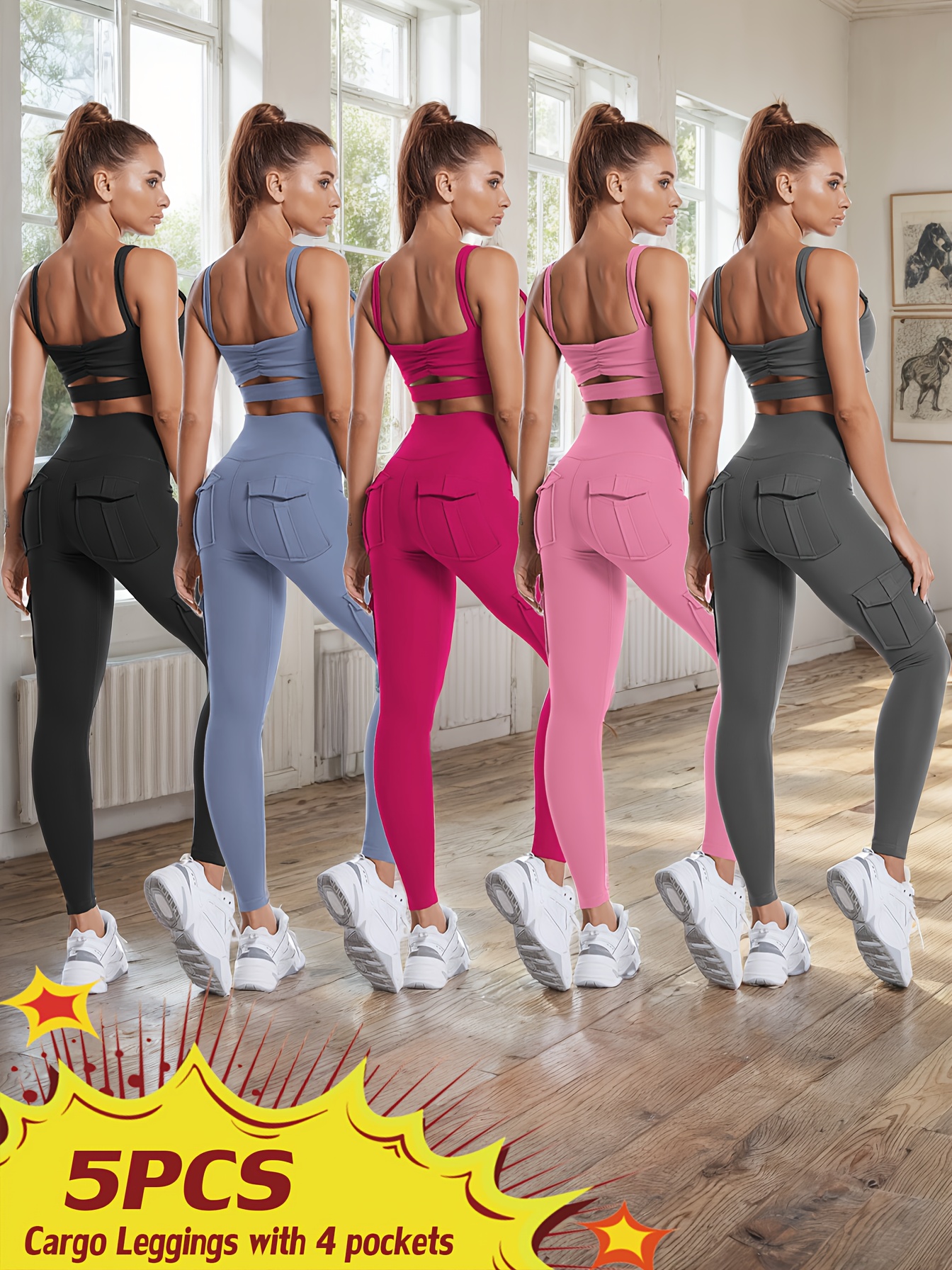 5pcs High Waist Yoga Leggings with 4 Pockets, Multipack Butt Lifting Tummy Control Workout Running 4 Way Stretch Cargo Sports Pants, 5pcs Leggings Set - Image 5