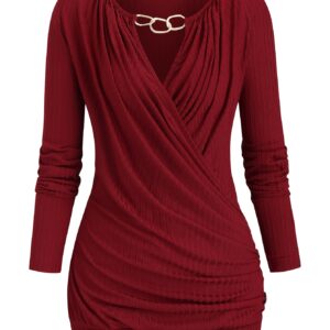 Women's Spring/Autumn Solid Color Striped Long Sleeve Ruffle Eyelet Chain Drape Casual Loose Vacation T-Shirt