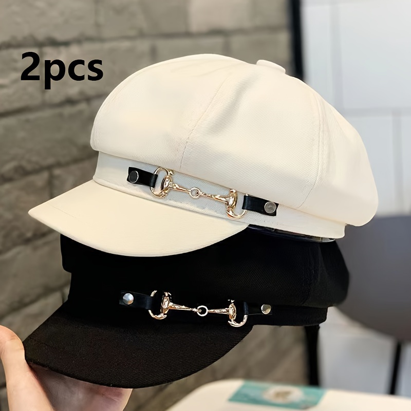 2pcs Women's Elegant Black & White Classic Berets - Lightweight Fabric with Metallic Hook-and-Loop Closure, Hand Washable Embossed Design for Spring/Summer, Perfect for Parties, Daily Wear & Outdoor Activities, Party Accessories, Smooth Texture Hat