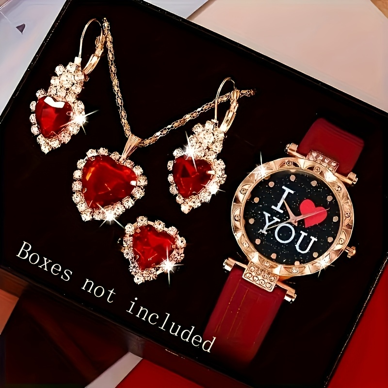 5pcs Elegant Women's Watch & Jewelry Set, Red PU Leather Strap Quartz Watch with Red Heart Rhiestone Necklace, Earrings & Ring - Elegant Gift for Birthdays,, Valentine's Day (Boxes Not Included) - Image 2