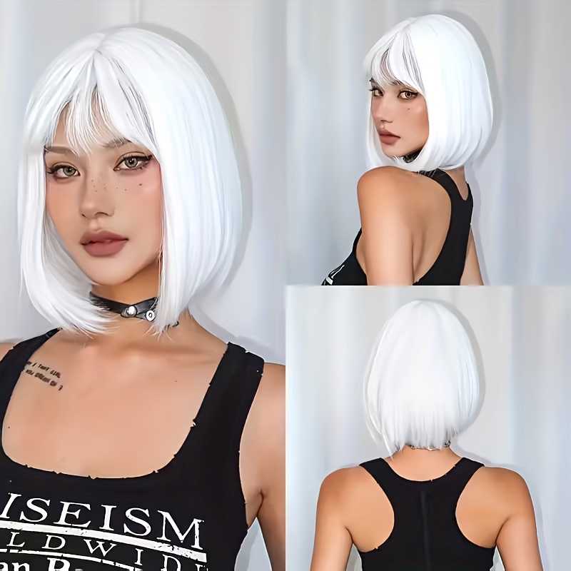 A White Short Wave Bob Wig Made of Heat-Resistant Synthetic Fibers, This Elegant And Stylish Women'S Wig Features a Look, Perfect for Halloween, Christmas, Carnivals, Parties, Cosplay, And Music Festivals. It'S an Easy-To-Manage Short Hairstyle - Image 6