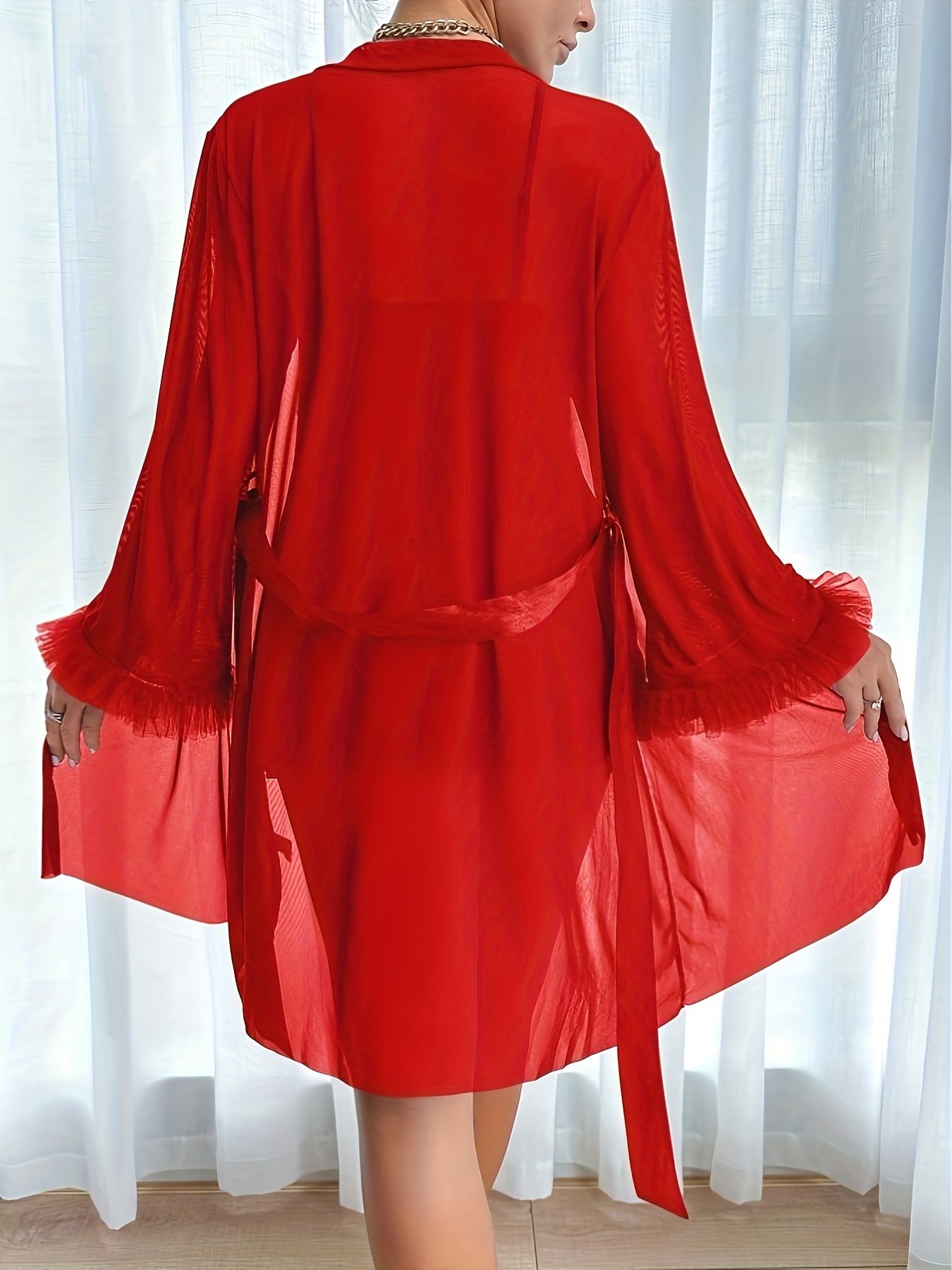 Women'S Elegant French Style Sleepwear Set - Sexy V-Neck Long Sleeve Robe with Lace Trim & Semi-Sheer Mesh, Adjustable Waist Tie Belt, All-Season Nightgown, Short Length Elegant Robe for Home Lounge & Special Occasions, Comfortable & Versatile Women - Image 10