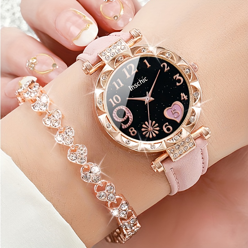 2pcs Women' Rhinestone Accent & Heart Bracelet - Sparkling PU Leather Strap Quartz Wristwatch Suitable for Parties Weddings Daily Wear - Elegant Wrist Accessory Gift for Women - Image 4
