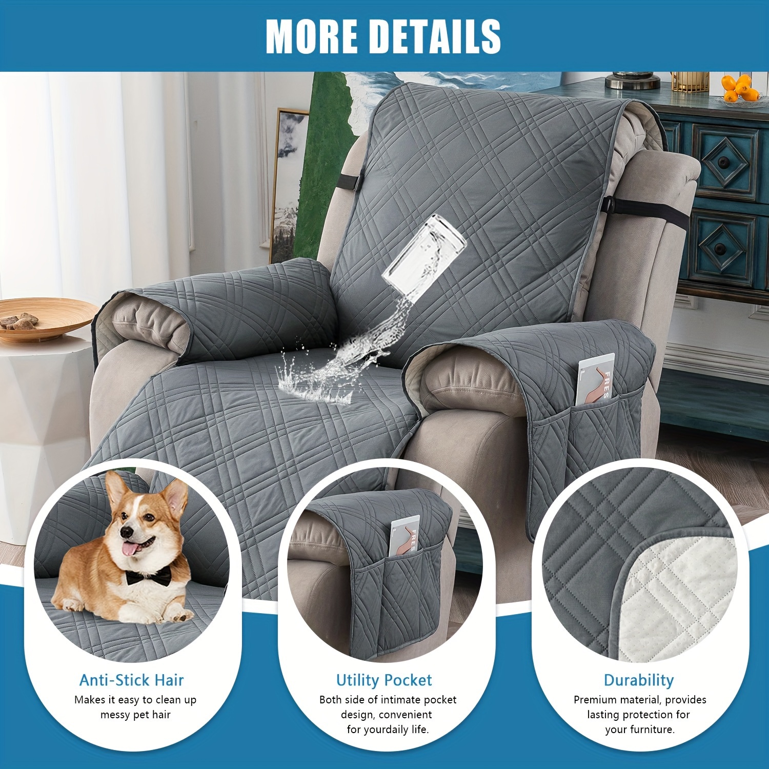 1pc 100% Waterproof Recliner Chair Cover, Non Slip Recliner Covers for Recliner Chair with Pocket, Pet Scratch-Resistant Sofa Slipcover, Washable Furniture Protector, Easy to Install for Living Room, Home Decor, Thanksgiving Decor, Christmas Deco. - Image 8
