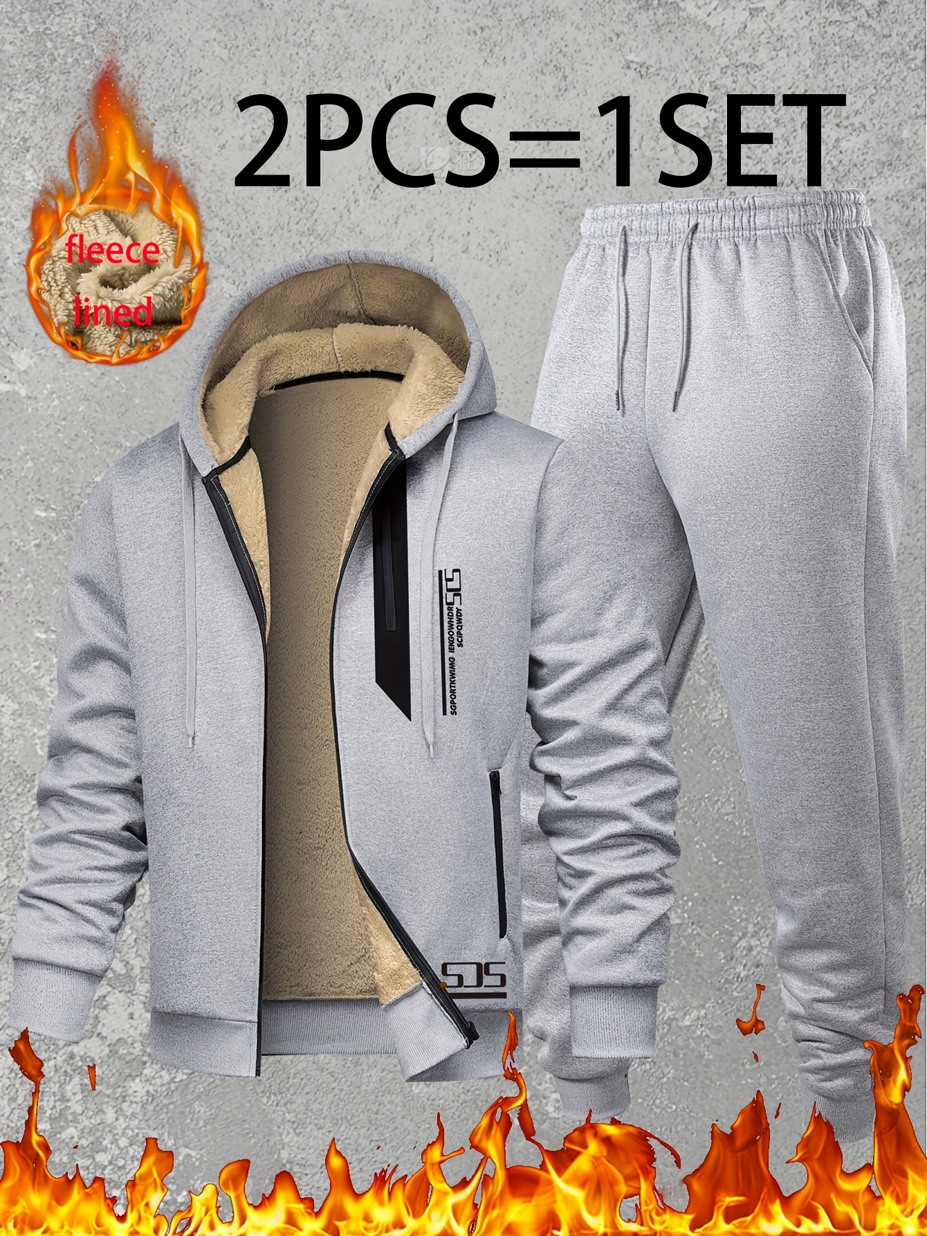 2-Piece Men's Hooded Tracksuit with Drawstring Joggers, Soft Plush Warm Sportswear, Winter Warm Set, Zip-Up Hooded Jacket and Cuffed Joggers, Light Beige-Friendly Soft Fabric, for Home Leisure, Sports, Shopping, Full-Zip Hoodie and Matching Joggers - Image 7