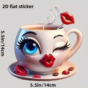 2D Flat Sticker [Charming Decoration] Adorable Girl Coffee Vinyl Decal - Waterproof Self-Adhesive Sticker Featuring Playful Lips & Blue Eyes, Ideal for Cars, Laptops, Trucks, Motorcycles - Scratch Protection & Door Ornament, Vehicle Decals