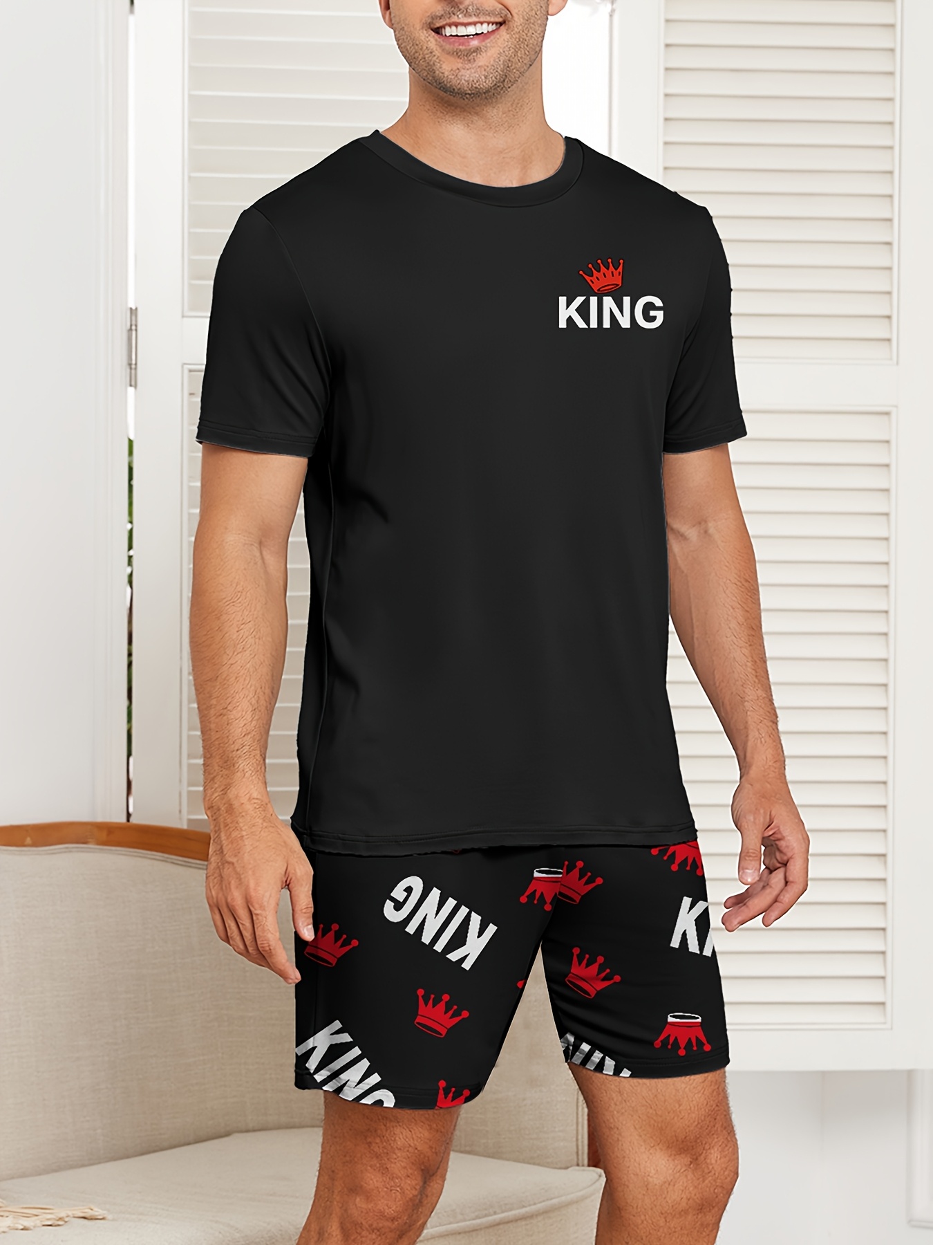 MEN/WOMEN Couple Style King & Queen Letter Print Men's Short Sleeve Shorts Loungewear Set or Women's Short Sleeve Shorts Loungewear Set, Men's Set or Women's Set, 1 Set - Image 5