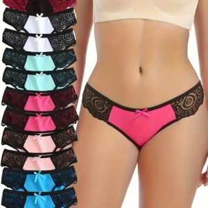 12PCS, Seamless Women's Daily Sports Underwear, Low Waist Comfortable Cotton Splicing Triangle Pants, Lace Lace Bow Underwear Underwear