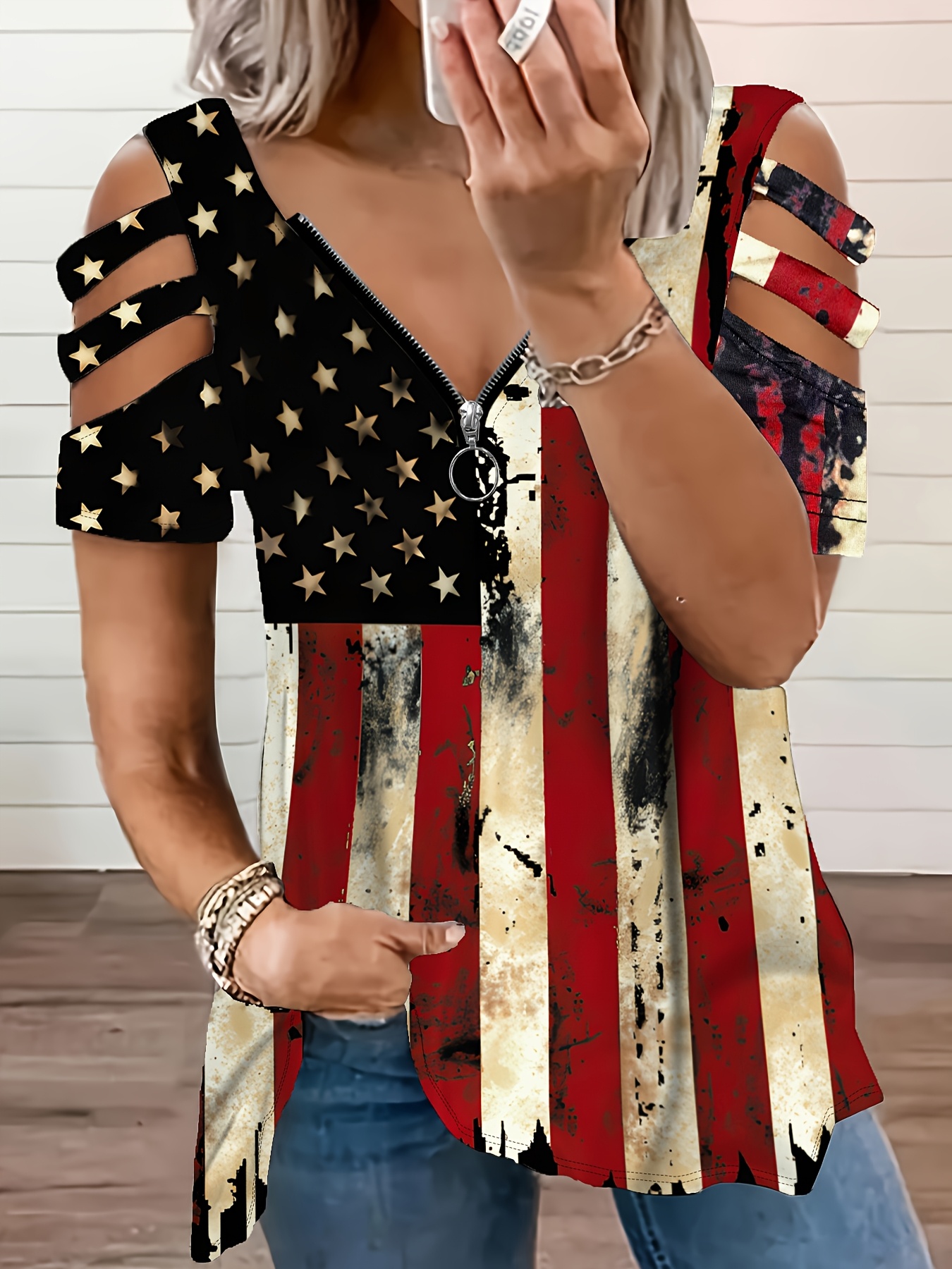 [Patriotic Top] Patriotic American Flag Print V-Neck Zipper Top | Casual Loose…