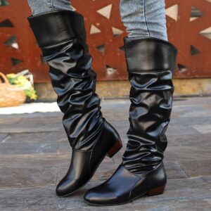 Women's Solid Color Trendy Boots, Pull On Chunky Heel High Knee Winter Boots, Round Toe Slouchy Boots