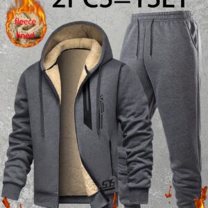 2-Piece Men's Hooded Tracksuit with Drawstring Joggers, Soft Plush Warm Sportswear, Winter Warm Set, Zip-Up Hooded Jacket and Cuffed Joggers, Light Beige-Friendly Soft Fabric, for Home Leisure, Sports, Shopping, Full-Zip Hoodie and Matching Joggers