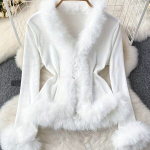 Women'S Fleece Faux Fur Lapel Long Sleeve Top | Comfortable White Casual Winter Shirt with Front Button Design, Soft and Warm for Autumn and Winter, Perfect Casual Outfit, Fashionable Winter Top | Solid Color, Regular Sleeve, No